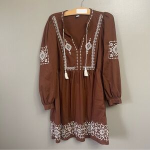 Old Navy Long Sleeve Embroidered Mini Swing Dress Large Brown Boho